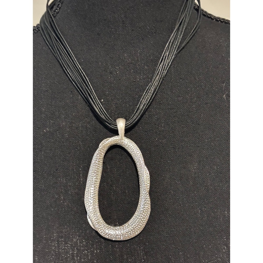 Sweet Lola Silver Tone Textured Large Oval Pendant Black Cord Necklace statement